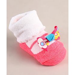 Cute Walk by Babyhug Sock Shoes with Bow Applique - Dark Pink