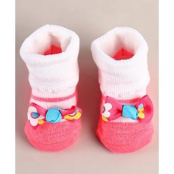 Cute Walk by Babyhug Sock Shoes with Bow Applique - Dark Pink