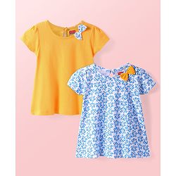 Babyhug Single Jersey Knit Half Sleeves Dresses with Floral Print & Bow Applique Pack of 2 - Yellow & Blue