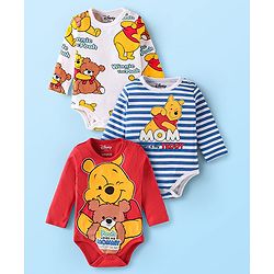 Babyhug Disney Interlock Knit Half Sleeves Winnie The Pooh Printed Onesies Pack of 3 - Red White & Blue