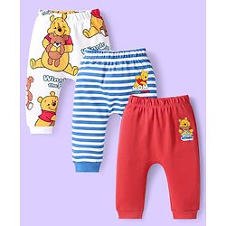 Babyhug Disney Interlock Knit Full Length Diaper Leggings Striped & Winnie The Pooh Print Pack Of 3 - White Red & Light Blue