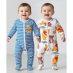 Babyhug Disney Interlock Knit Full Sleeves Footed Sleep Suits With Winnie The Pooh Graphics Pack Of 2 - White & Blue
