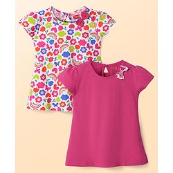 Babyhug Single Jersey Knit Half Sleeves Frock with Floral & Heart Print Bow Applique Pack of 2 - Dark Pink & White