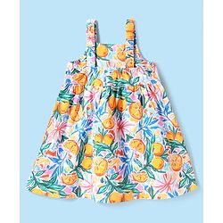 Babyhug Single Jersey Knit Sleeveless Frock with Floral Print & Bow Applique - Yellow & White