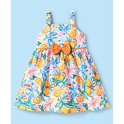 Babyhug Single Jersey Knit Sleeveless Frock with Floral Print & Bow Applique - Yellow & White