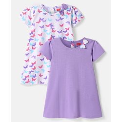 Babyhug Single Jersey Knit Half Sleeves Frock With Butterfly Print & Bow Applique Pack Of 2 -  Purple & White