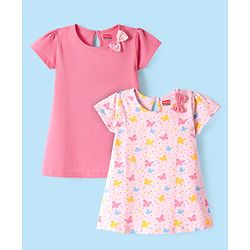 Babyhug Single Jersey Knit Half Sleeves Solid & Butterfly Printed Dresses With Bow Applique Pack of 2 - Dark & Light Pink