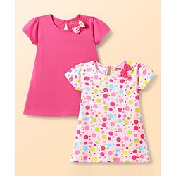 Babyhug Single Jersey Knit Half Sleeves Solid & Polka Dot Printed Dresses With Bow Applique Pack of 2 - Dark & Light Pink