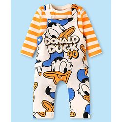 Babyhug Disney Single Jersey Knit Full Sleeves Striped T-Shirt & Dungaree Set with Donald Duck Graphics - Cream