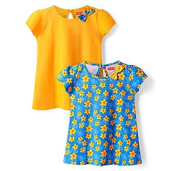 Babyhug Single Jersey Knit Half Sleeves Dresses with Floral Print & Bow Applique Pack of 2 - Yellow & Blue