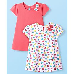 Babyhug Single Jersey Knit Half Sleeves Solid & Heart Printed Dresses With Bow Applique Pack of 2 - White & Dark Pink