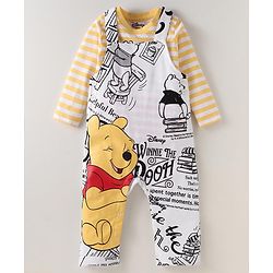 Babyhug Disney Single Jersey Knit Dungaree & Full Sleeves Striped T-Shirt With Winnie The Pooh Graphics - White & Yellow