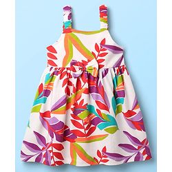 Babyhug Single Jersey Knit Sleeveless Frock with Tropical Print & Bow Applique - White