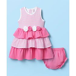 Babyhug Single Jersey Knit Sleeveless Layered Frock With Bloomer & Floral Applique - Pink