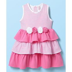 Babyhug Single Jersey Knit Sleeveless Layered Frock With Bloomer & Floral Applique - Pink