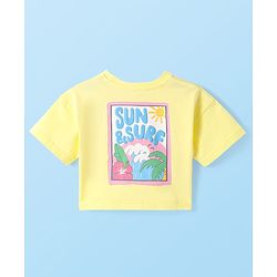 Babyhug Cotton Knit Half Sleeves Drop Shoulder T-Shirt With Floral & Text Print - Yellow