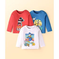 Babyhug Disney Cotton Knit Full Sleeves T-Shirts with Mickey Mouse & Friends Graphics Pack of 3 - Red Blue & White