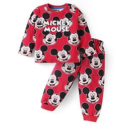 Babyhug Disney Single Jersey Knit Full Sleeves Night Suit With Mickey Mouse Print - Red