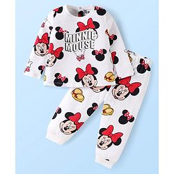 Babyhug Disney Single Jersey Knit Full Sleeves Nightsuit With Minnie Mouse Print - White & Red