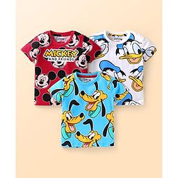 Babyhug Disney Single Jersey Knit Half Sleeves T-Shirt with Mickey & Friends Graphic Pack of 3 - Red White & Light Blue