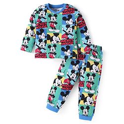 Babyhug Disney Single Jersey Knit Full Sleeves Night Suit With Mickey Mouse Print - Light Blue
