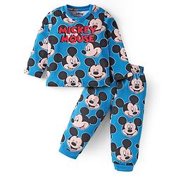 Babyhug Disney Single Jersey Knit Full Sleeves Night Suit With Mickey Mouse Print - Blue