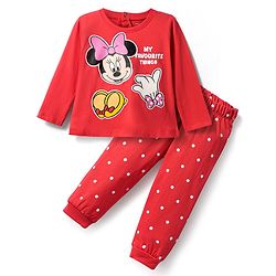 Babyhug Disney Single Jersey Knit Full Sleeves Night Suit with Minnie Mouse Graphics - Red