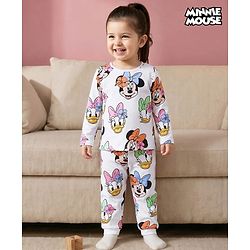 Babyhug Disney Single Jersey Knit Full Sleeves Night Suit with Mickey Minnie & Friends Graphics - White