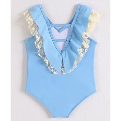 Babyhug Sleeveless V Cut Swimsuit with Frill Detailing - Light Blue