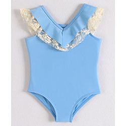 Babyhug Sleeveless V Cut Swimsuit with Frill Detailing - Light Blue