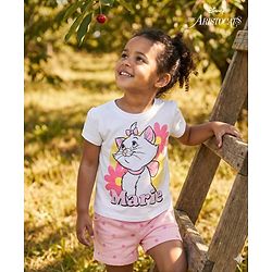 Babyhug Disney Single Jersey Knit Half Sleeves T-Shirt & Shorts Set with Marie Graphics - Pink & White