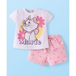Babyhug Disney Single Jersey Knit Half Sleeves T-Shirt & Shorts Set with Marie Graphics - Pink & White