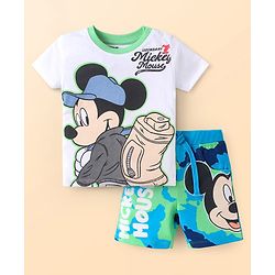 Babyhug Disney Single Jersey Knit Half Sleeves T-Shirt & Shorts Set With Mickey Mouse & Camouflage Graphics - White & Blue