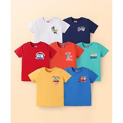 Babyhug Cotton Knit Half Sleeves T-Shirts with Beach Theme & Animal Print Pack of 7 - Multicolor