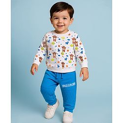 Babyhug Terry Knit Full Sleeves T-Shirt & Lounge Pant Set With Space Theme Print - White & Blue