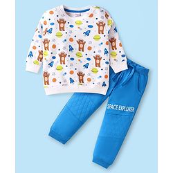 Babyhug Terry Knit Full Sleeves T-Shirt & Lounge Pant Set With Space Theme Print - White & Blue