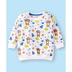 Babyhug Terry Knit Full Sleeves T-Shirt & Lounge Pant Set With Space Theme Print - White & Blue