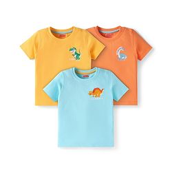 Babyhug Cotton Knit Half Sleeves T-Shirts With Dino Print Pack of 3 - Light Blue Yellow & Orange