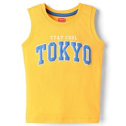 Babyhug Cotton Knit Sleeveless Tank T-Shirt With Tokyo Text Print - Yellow