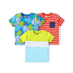 Babyhug Cotton Knit Half Sleeves T-Shirts With Stripes & Tropical Print Pack Of 3 - Red & Blue
