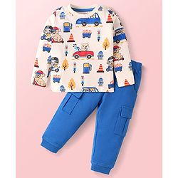 Babyhug Terry Knit Full Sleeves T-Shirt & Joggers Set with Vehicle Print - Blue