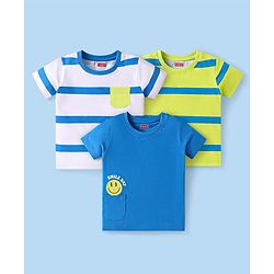 Babyhug 100% Cotton Knit Half Sleeves T-Shirts With Stripes Pack Of 3 - White & Blue