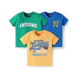 Babyhug Cotton Knit Half Sleeves T-Shirts With Text Print Pack of 3 - Yellow Blue & Green