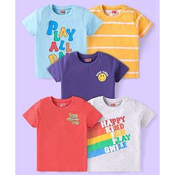 Babyhug Cotton Knit Half Sleeves  T-Shirts with Stripes & Text Print Pack of 5 - Blue Red & Yellow
