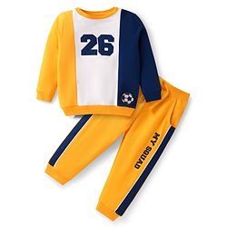 Babyhug Terry Knit Full Sleeves Cut & Sew T-Shirt & Lounge Pant Set with Text Print - Yellow
