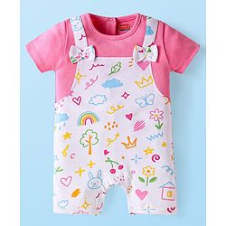 Babyhug Interlock Knit Half Sleeves Printed Romper With Bow Applique - Pink & White