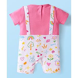 Babyhug Interlock Knit Half Sleeves Printed Romper With Bow Applique - Pink & White