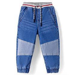 Babyhug Full Length Cut & Sew Washed Denim Joggers with Stretch - Blue