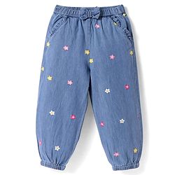 Babyhug Full Length Denim Jeans With Floral Embroidery & Bow Applique - Blue