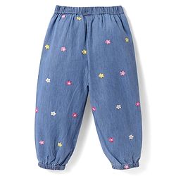 Babyhug Full Length Denim Jeans With Floral Embroidery & Bow Applique - Blue
